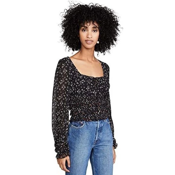 FREE PEOPLE L Floral Printed Lolita Peasant Top in Black Multi Floral - Picture 2 of 12